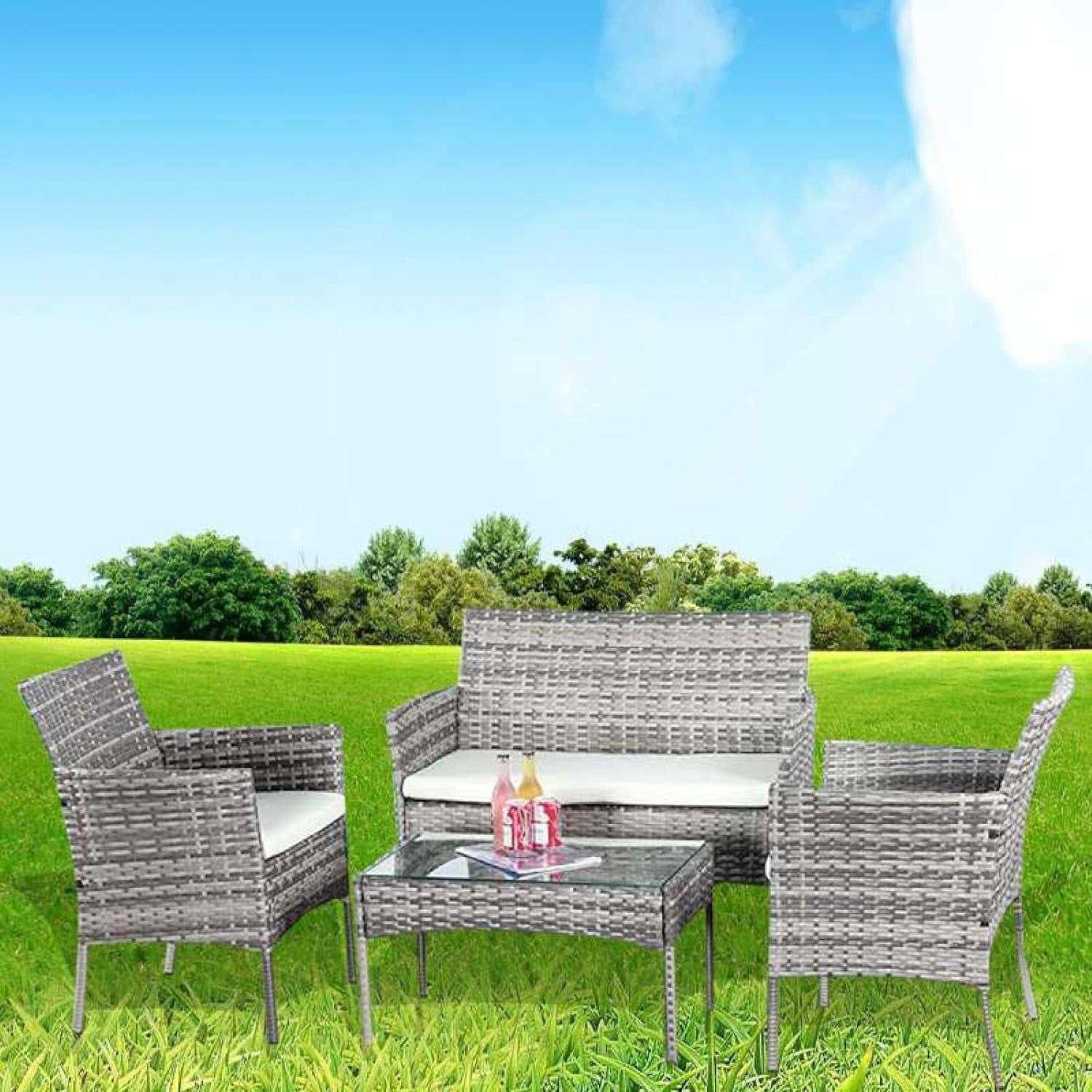 4-Piece Mix Grey Rattan Garden Patio Sofa Set with Tempered Glass Table