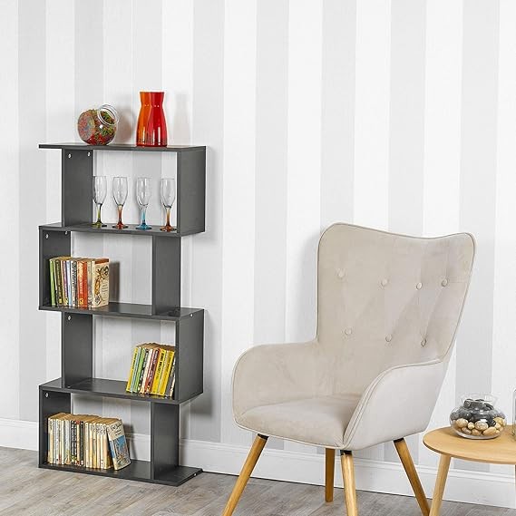 Modern S-Shaped 4 Tier Bookcase Display Shelf – Space Saving Storage Unit Black