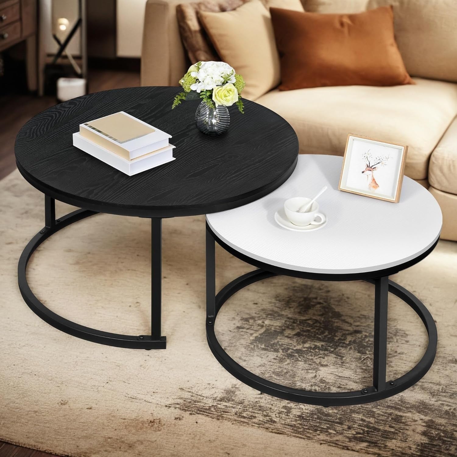 Modern Nesting Coffee Table Set of 2 Round Wood Accent Tables with Metal Frame