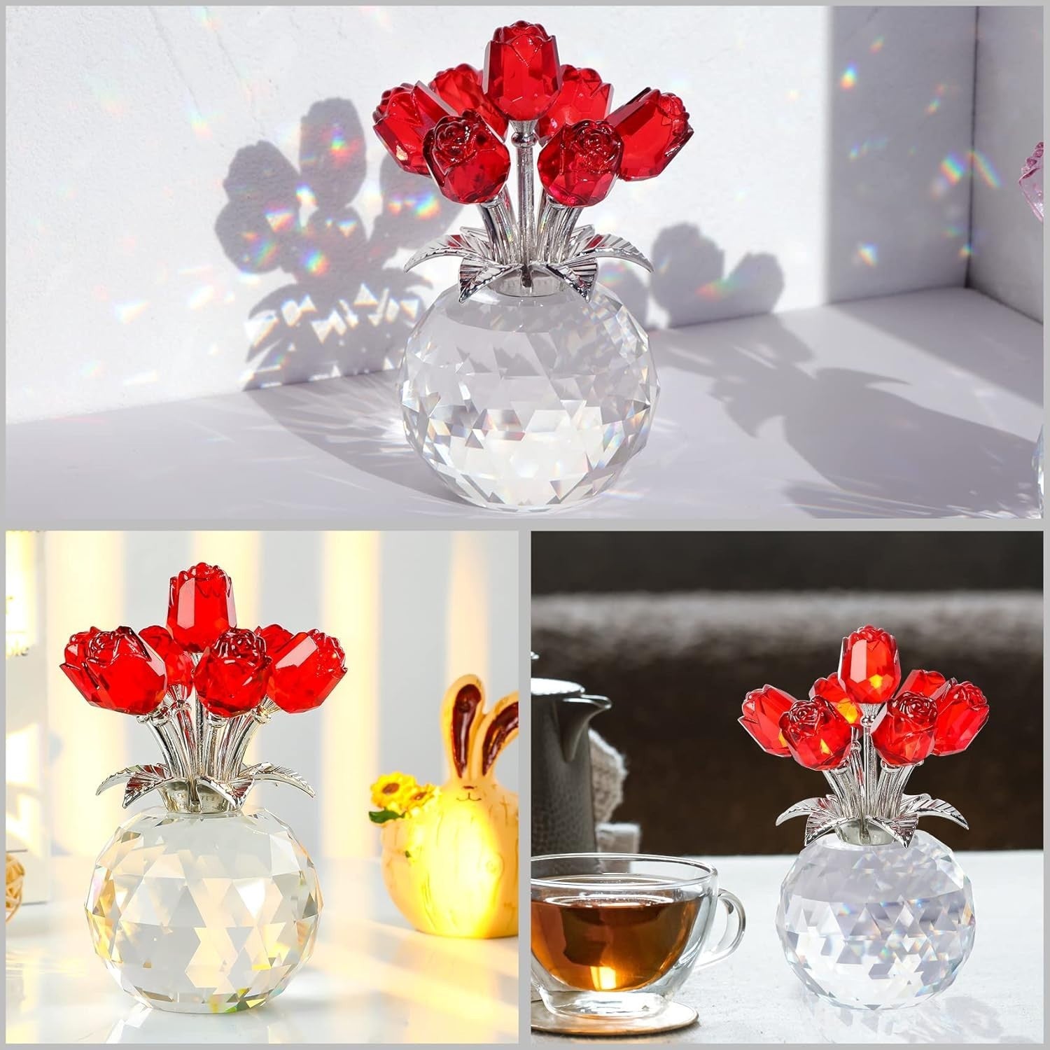 Red Crystal Rose Bouquet Ornament Gift for Women Birthday Valentine Anniversary