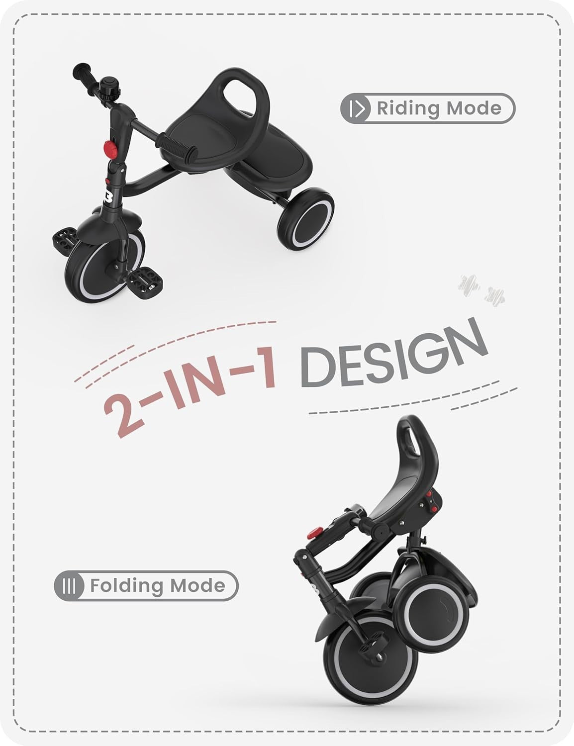 Foldable Toddler Tricycle Kids Trike Adjustable Seat Black Age 18M-5Y