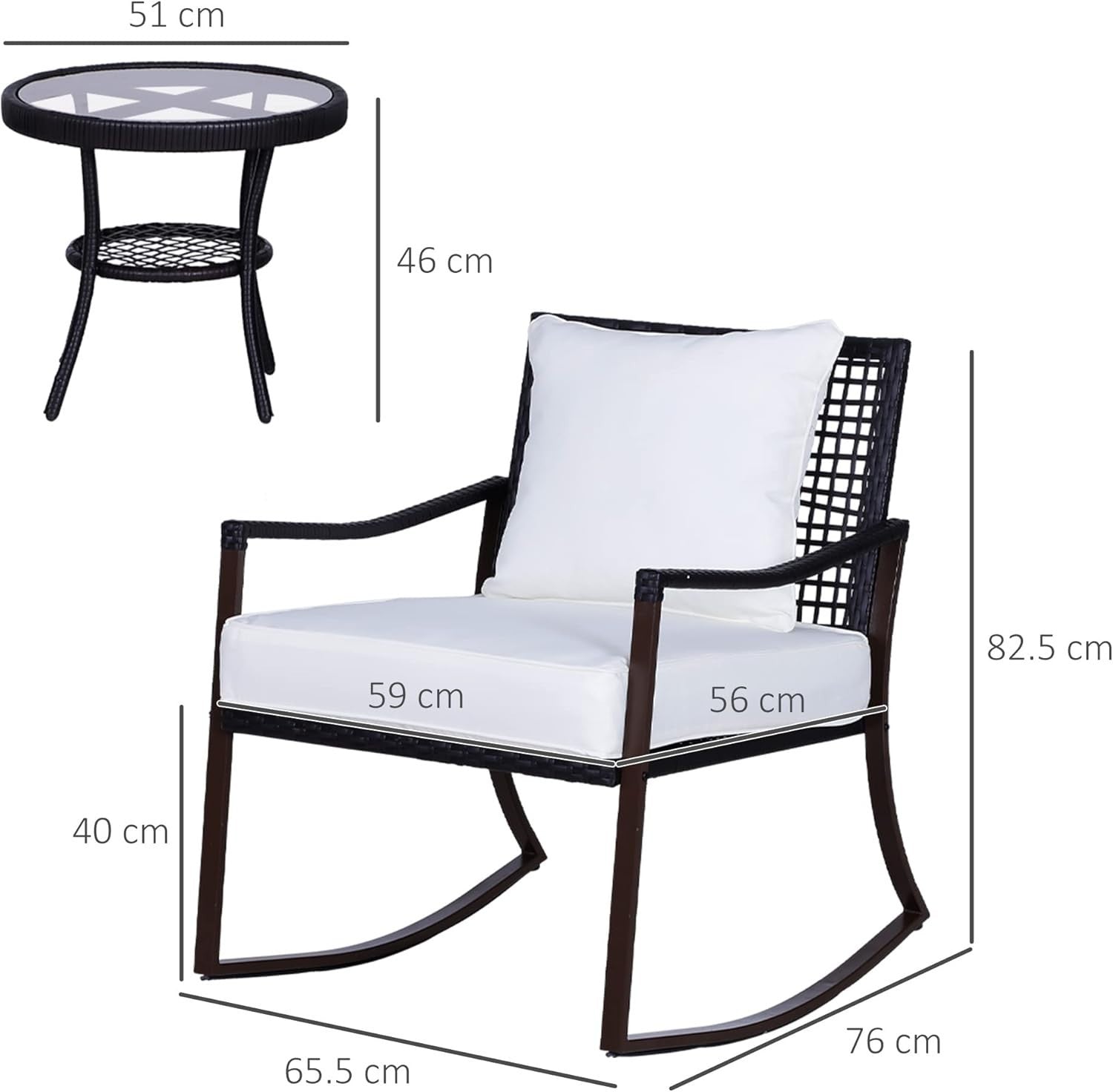Rocking Rattan Bistro Set 3PC Armchairs Round Glass Table Cushioned Patio