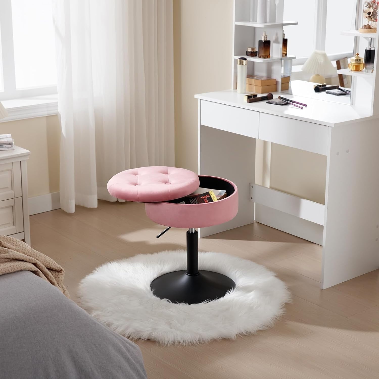 Pink Velvet Swivel Vanity Stool with Storage Round Adjustable Makeup Seat