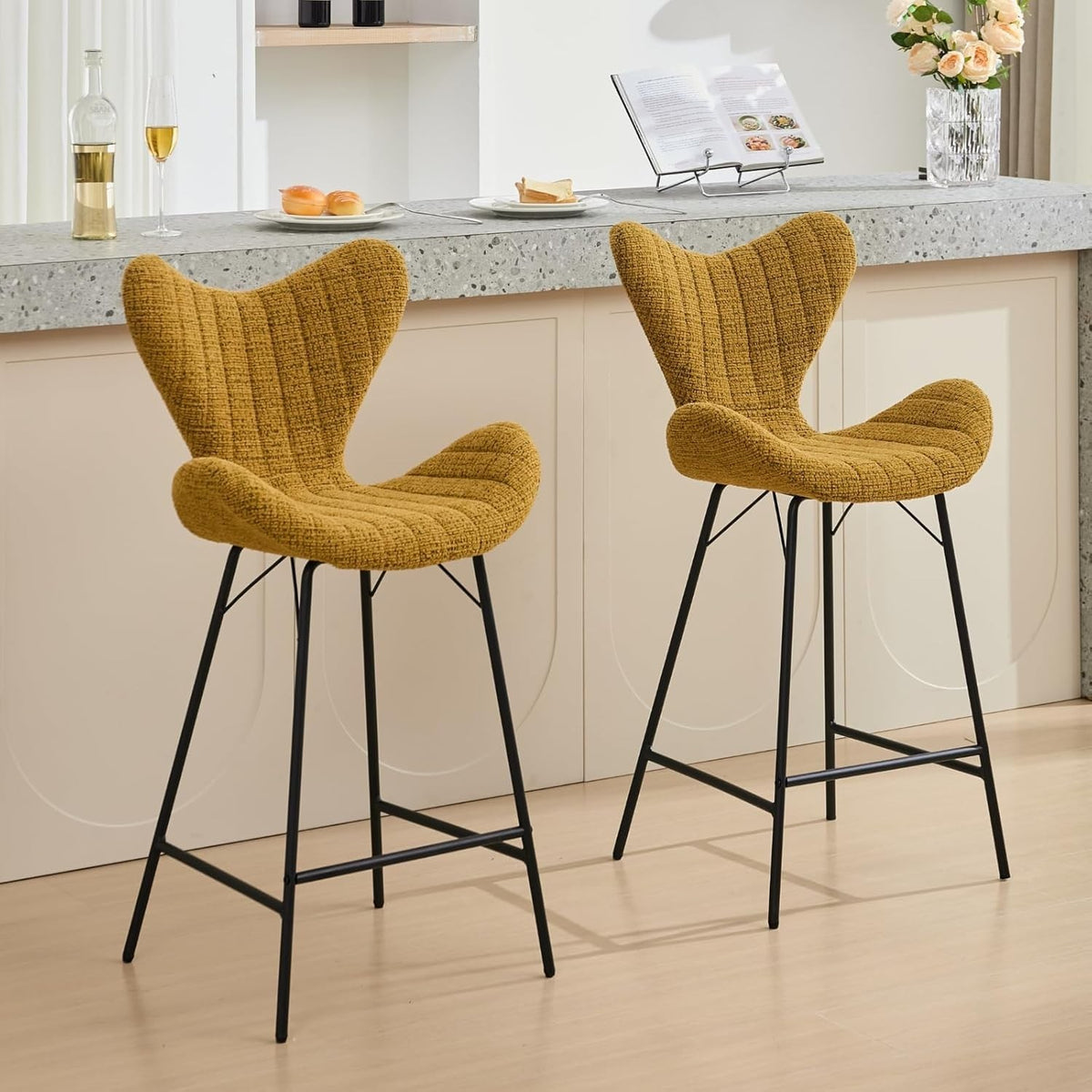 Yellow Chenille Wingback Bar Stools Set of 2 – Metal Legs