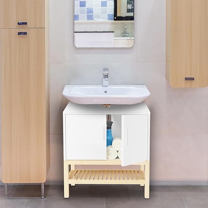 White Bamboo Bathroom Sink Cabinet 60x60x33cm Vanity Storage Unit with Shelf