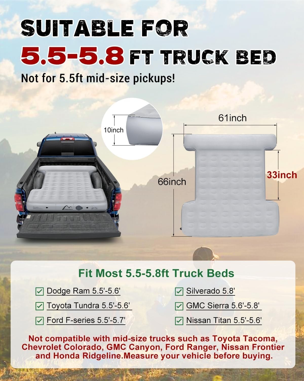Heavy-Duty Truck Bed Air Mattress 5.5-5.8ft Inflatable Camping Bed