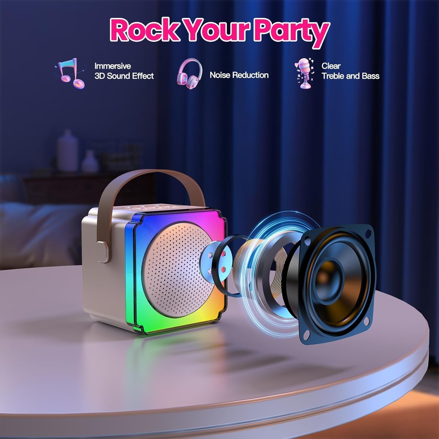Cream Kids Karaoke Machine with 2 Mics LED Bluetooth Speaker