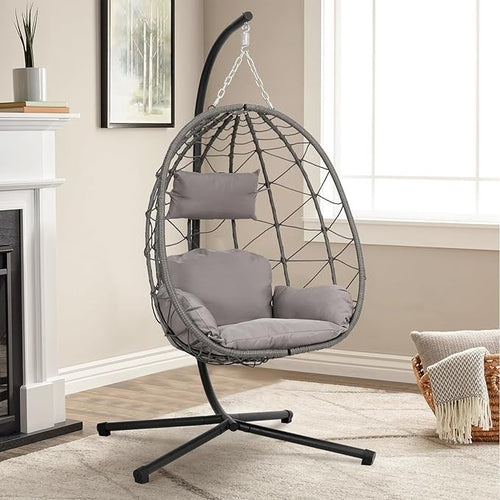 Hanging Egg Chair with Stand Rattan Swing Seat Cushion Indoor Outdoor Patio