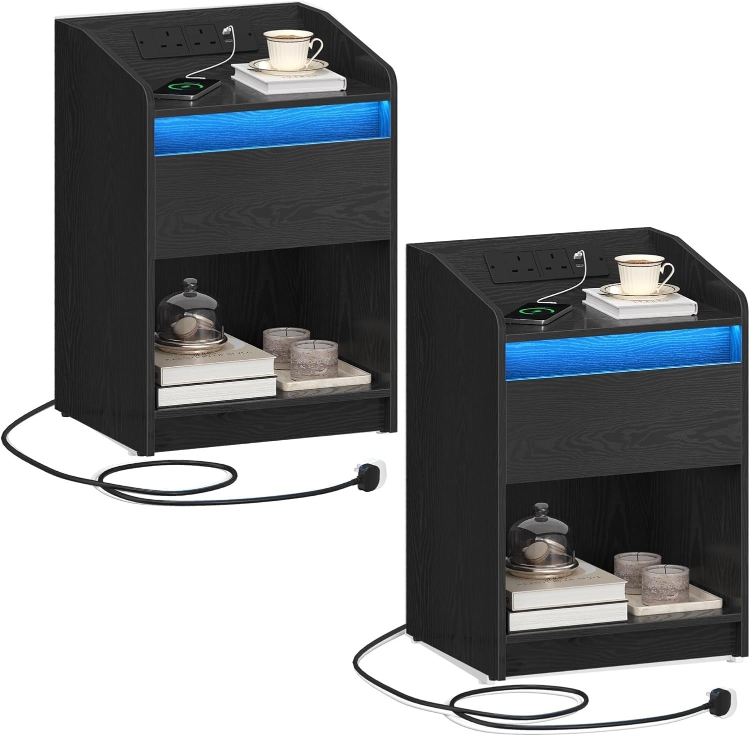 Set of 2 LED Bedside Tables with Charging Ports – Modern Nightstands with Drawer