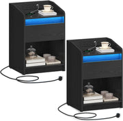 Set of 2 LED Bedside Tables with Charging Ports – Modern Nightstands with Drawer