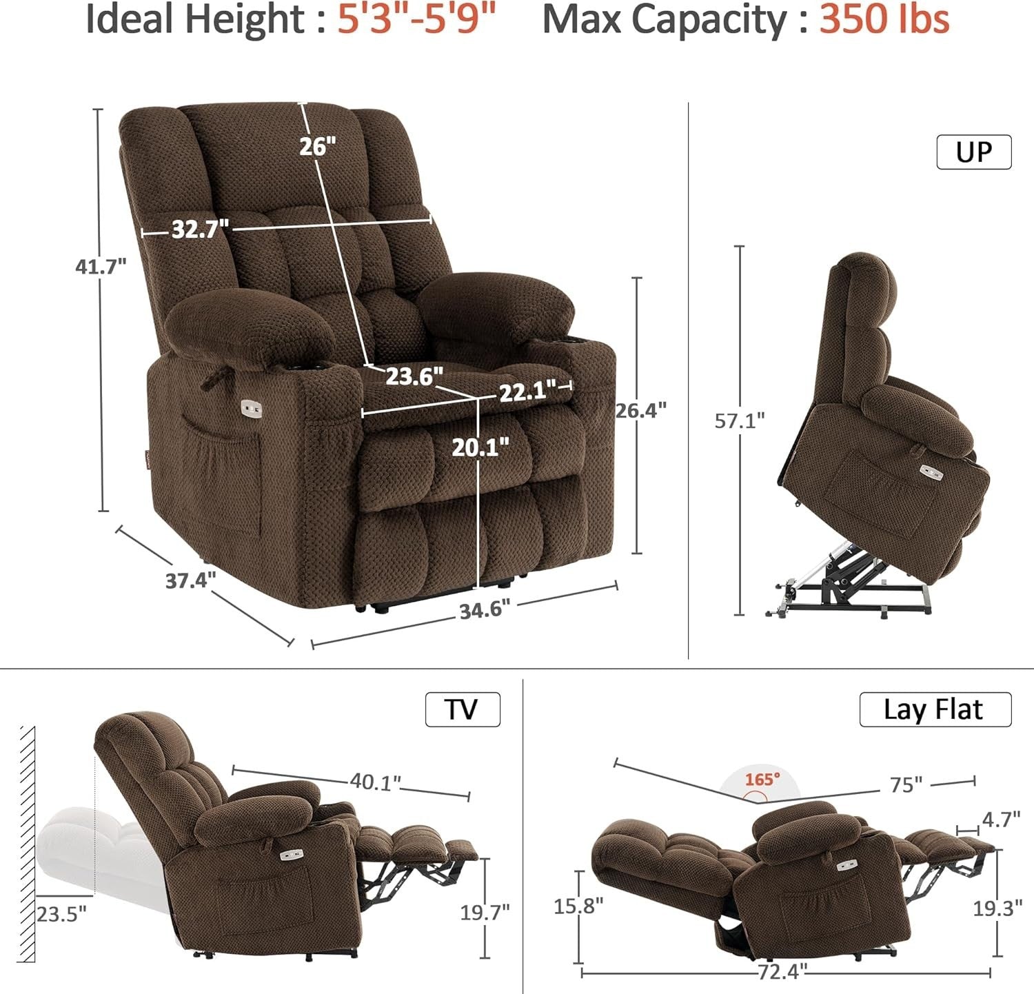 Dual Motor Lift Recliner Chair Heat Massage Elderly Riser USB Large Footrest