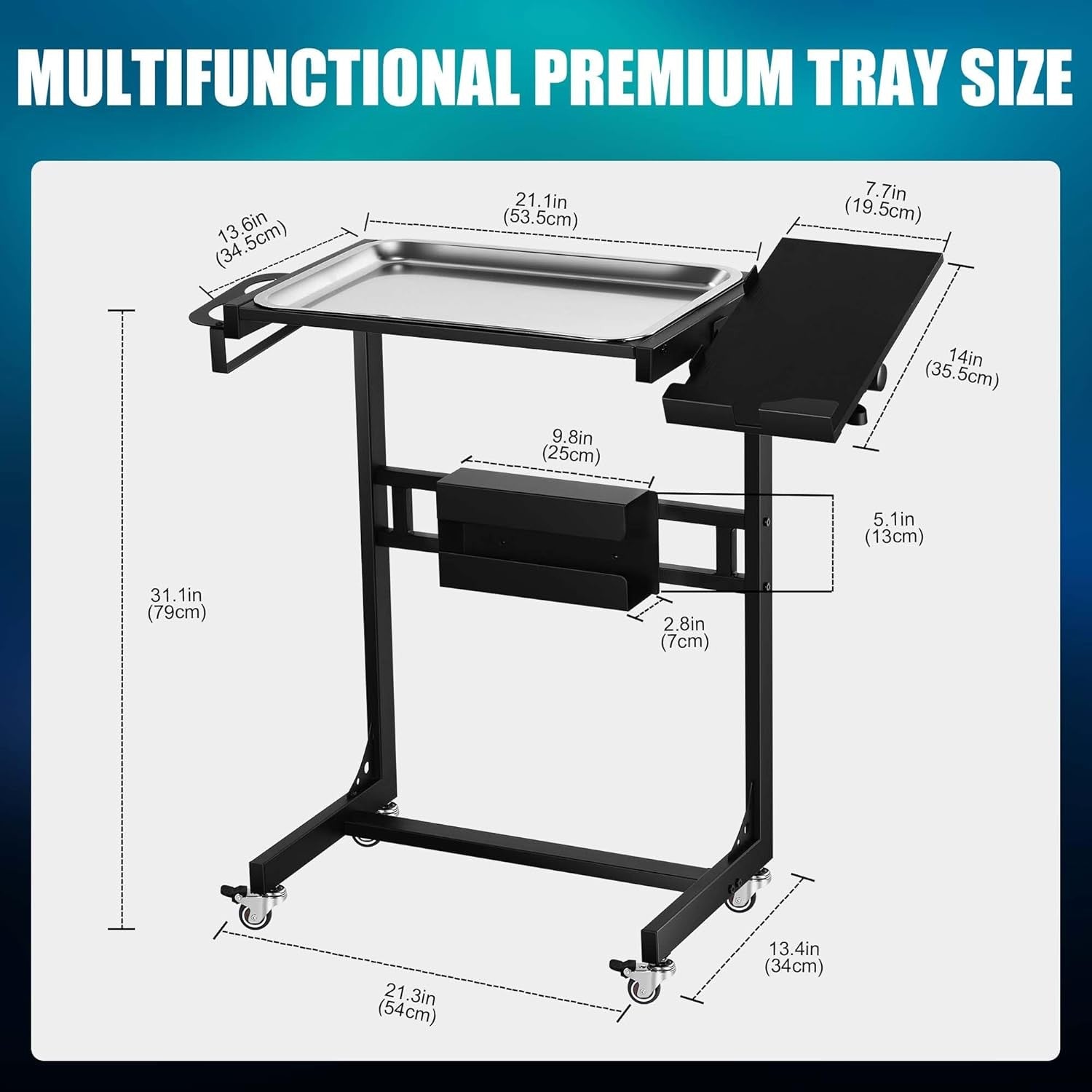 Stainless Steel Tattoo Tray Cart Rolling Workstation with Adjustable Table