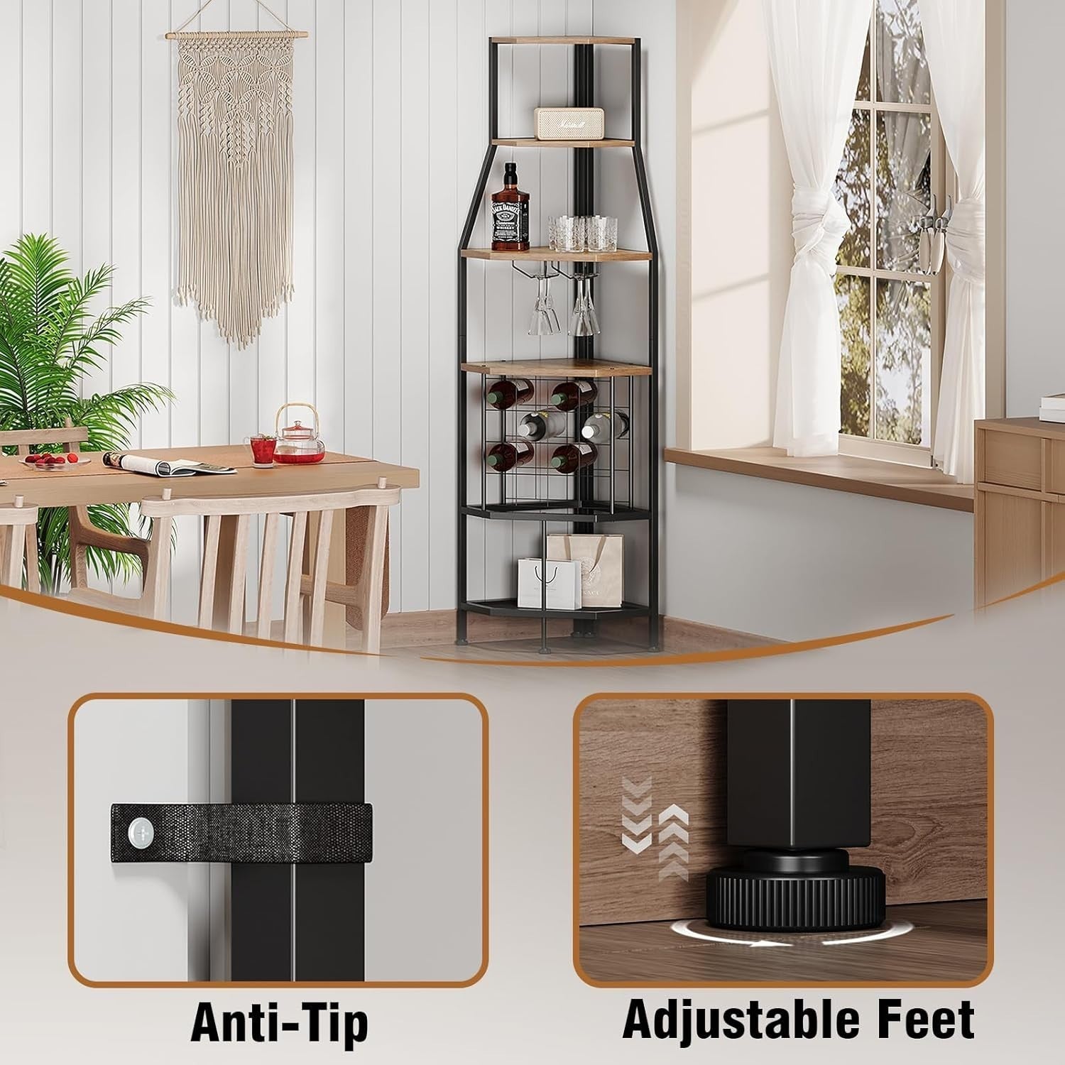 5-Tier Corner Wine Rack Bottle Storage Cabinet with Glass Holder Rustic Brown