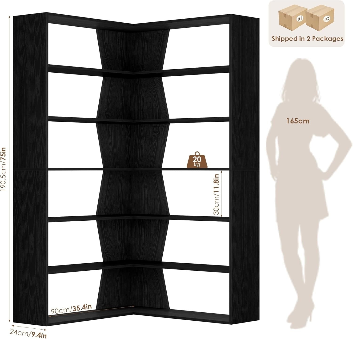 6 Tier White Corner Bookcase L-Shaped Tall Storage Shelf Modern 90x90x190 Black