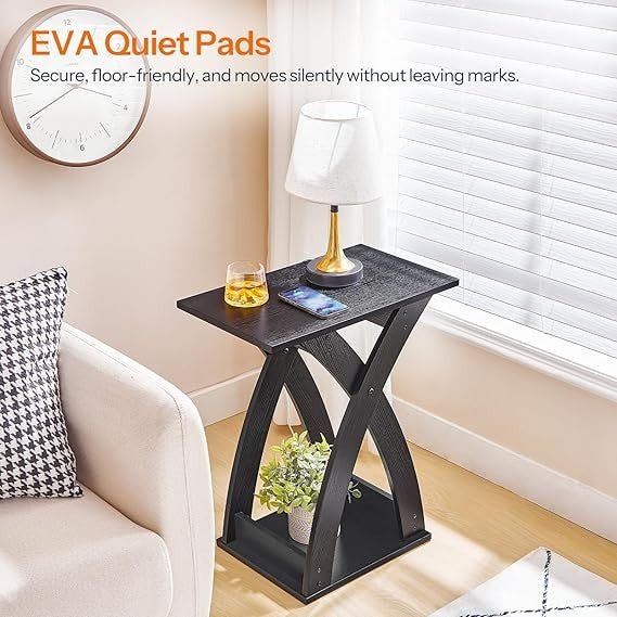 Modern Narrow Side Table, Slim X-Design Sofa Table with Storage Shelf