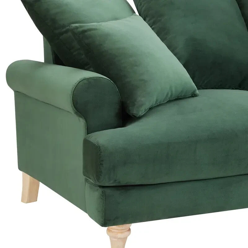 Green Velvet 2 Seater Sofa with Scatter Cushions Curved Arm Couch UK