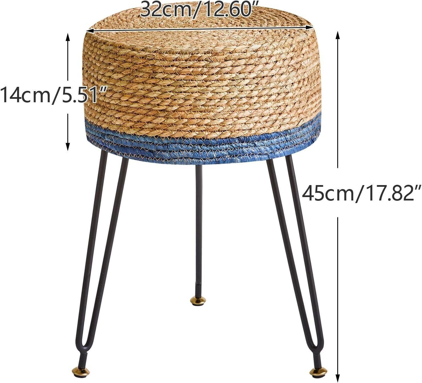Natural & Blue Seagrass Footstool Round Pastoral Woven Stool 32×32×45cm