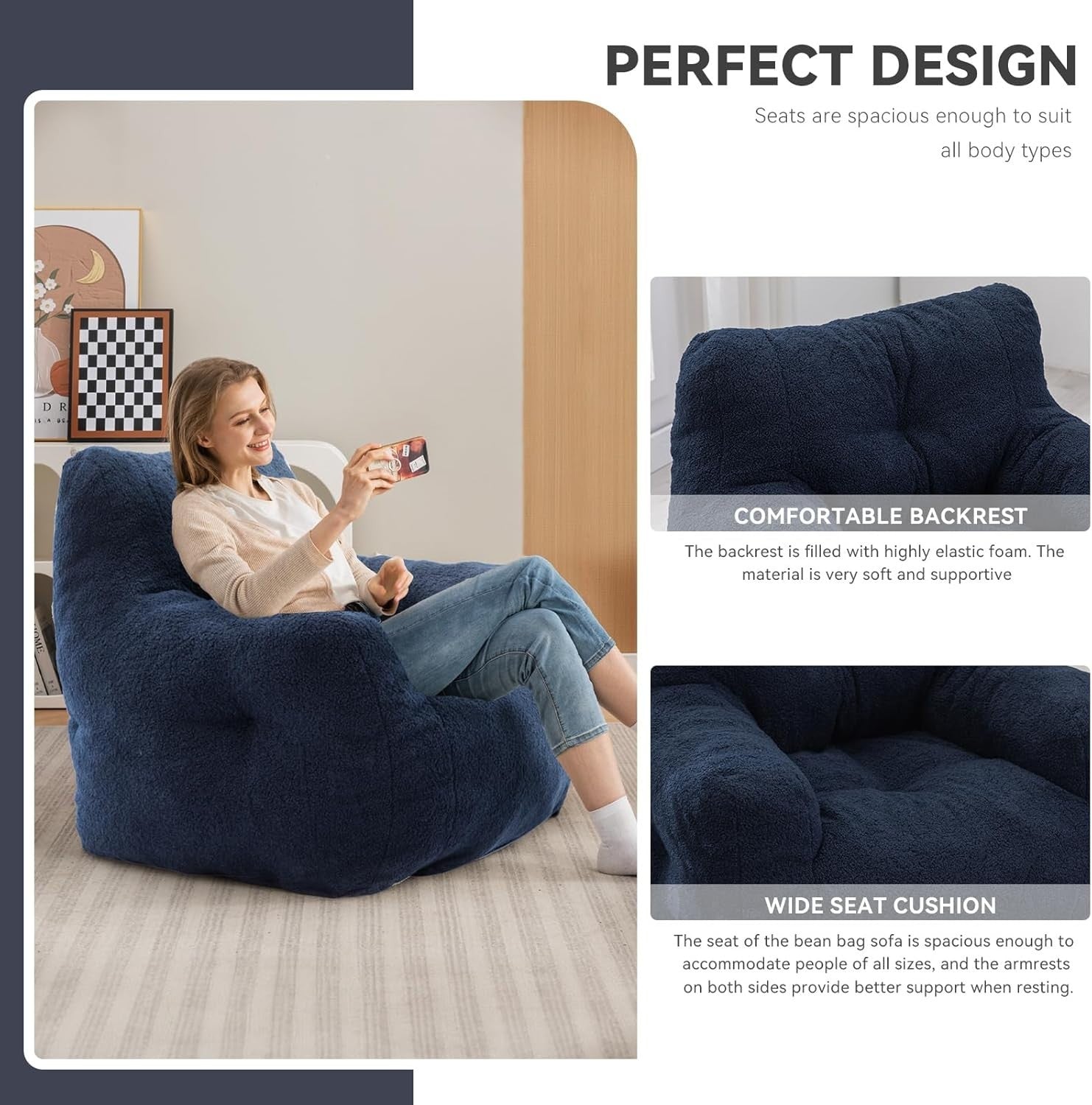 Blue Memory Foam Bean Bag Chair | Large Teddy Sofa Seat for Adults Room