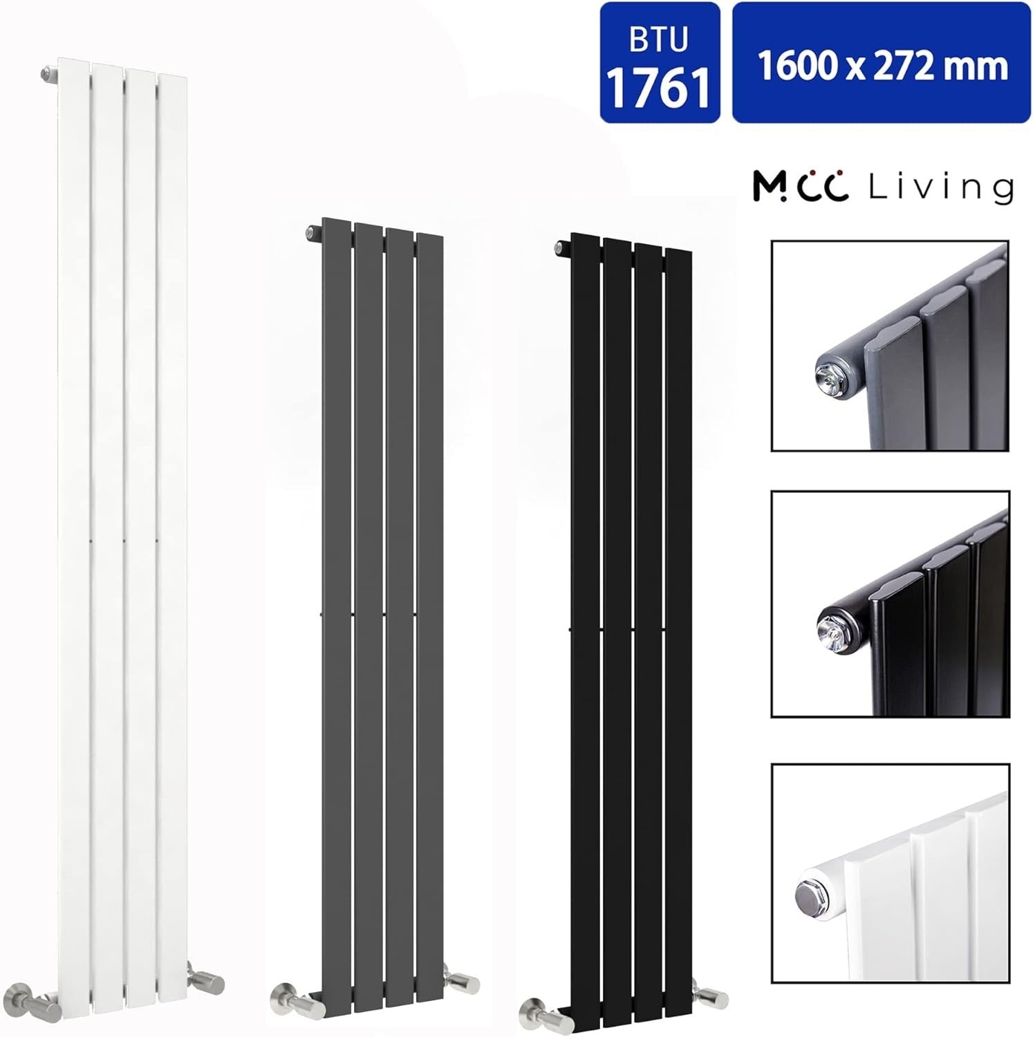 Designer Flat Panel Radiator 1600x272mm Single White Horizontal Vertical