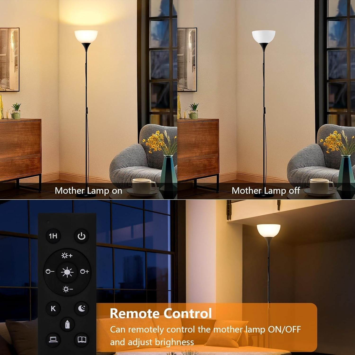 Dimmable Floor Lamp Remote Control Uplighter Standing Light Living Room