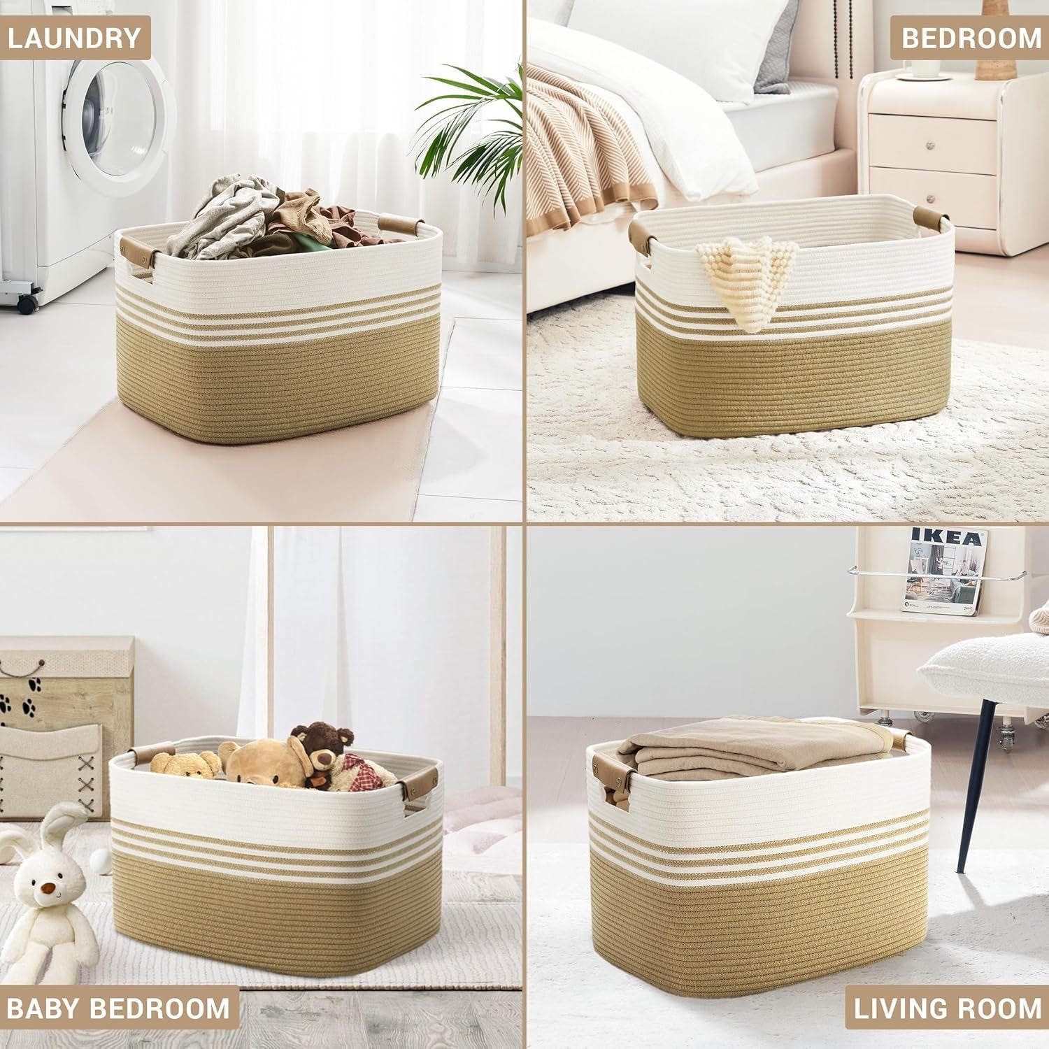 86L Large Woven Laundry Hamper with Leather Handles, Blanket & Clothes Storage –