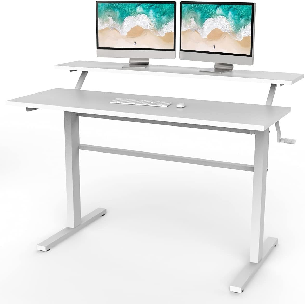 White Adjustable Standing Desk 113cm Crank Handle Sit Stand Table