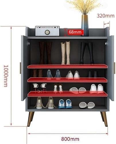 Modern Shoe Cabinet Grey 2 Door Cupboard with Open Shelf & Adjustable Shelves