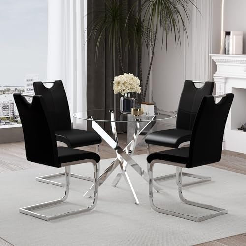 100cm Round Glass Dining Table with 4 Black Faux Leather Chairs Set