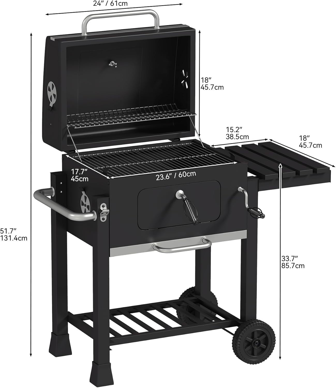 XL Charcoal BBQ Grill with Thermometer & Side Table | Outdoor Smoker