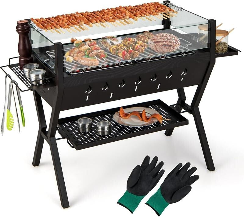 2-in-1 Charcoal BBQ Grill Fire Pit w/ Glass Wind Guard, Racks, Gloves, Storage