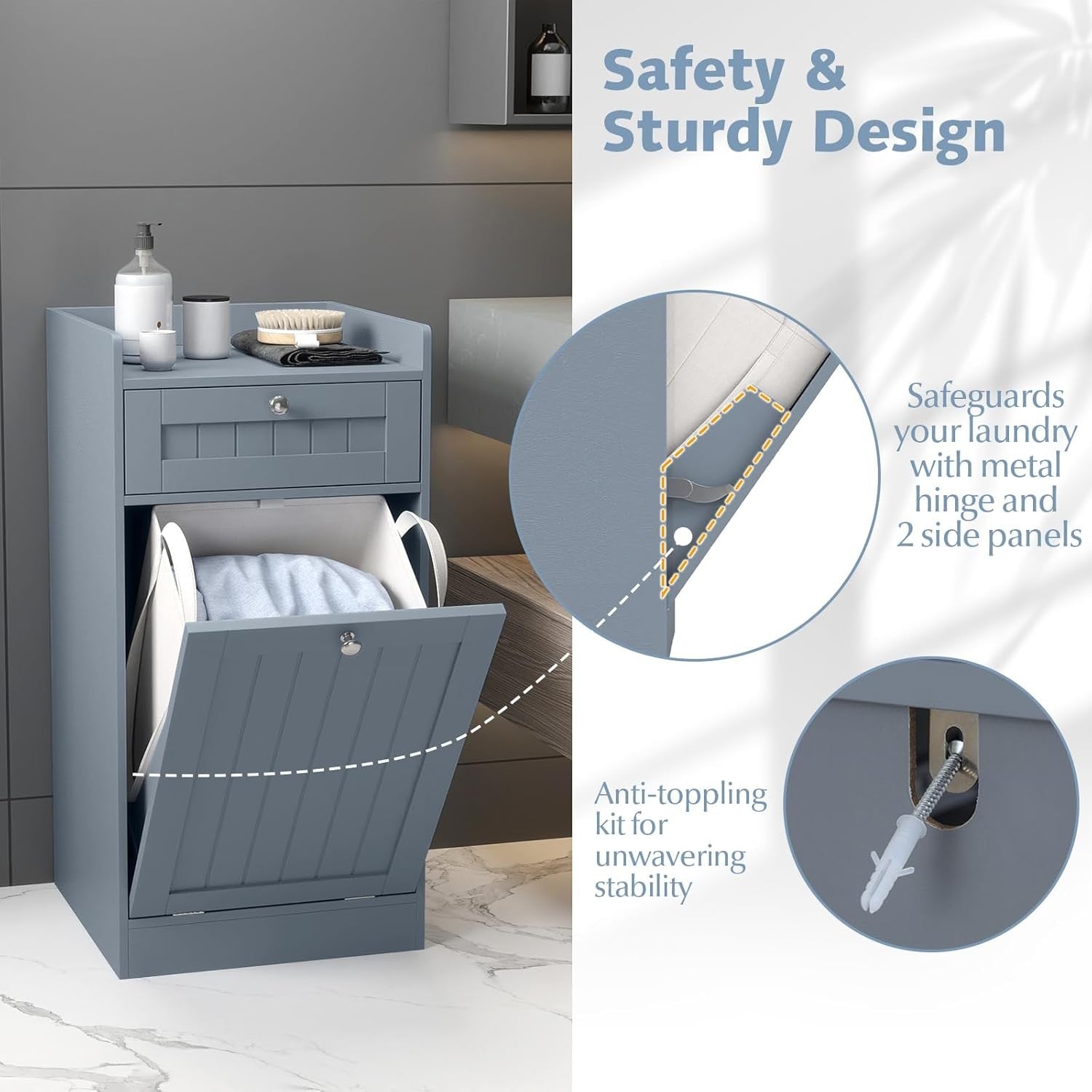 Grey Tilt-Out Laundry Cabinet with Drawer Removable Liner Bathroom Storage Unit