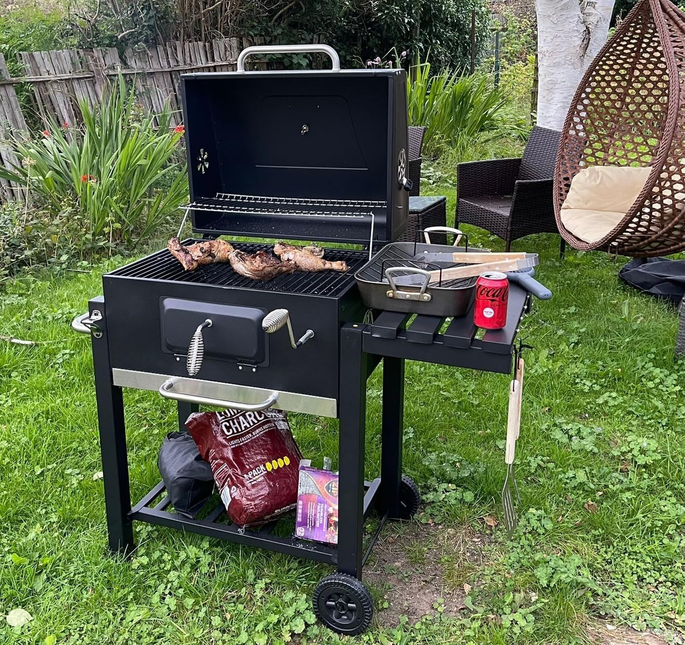 XL Charcoal Smoker BBQ Grill | Adjustable Height Tray | Built-In Thermometer