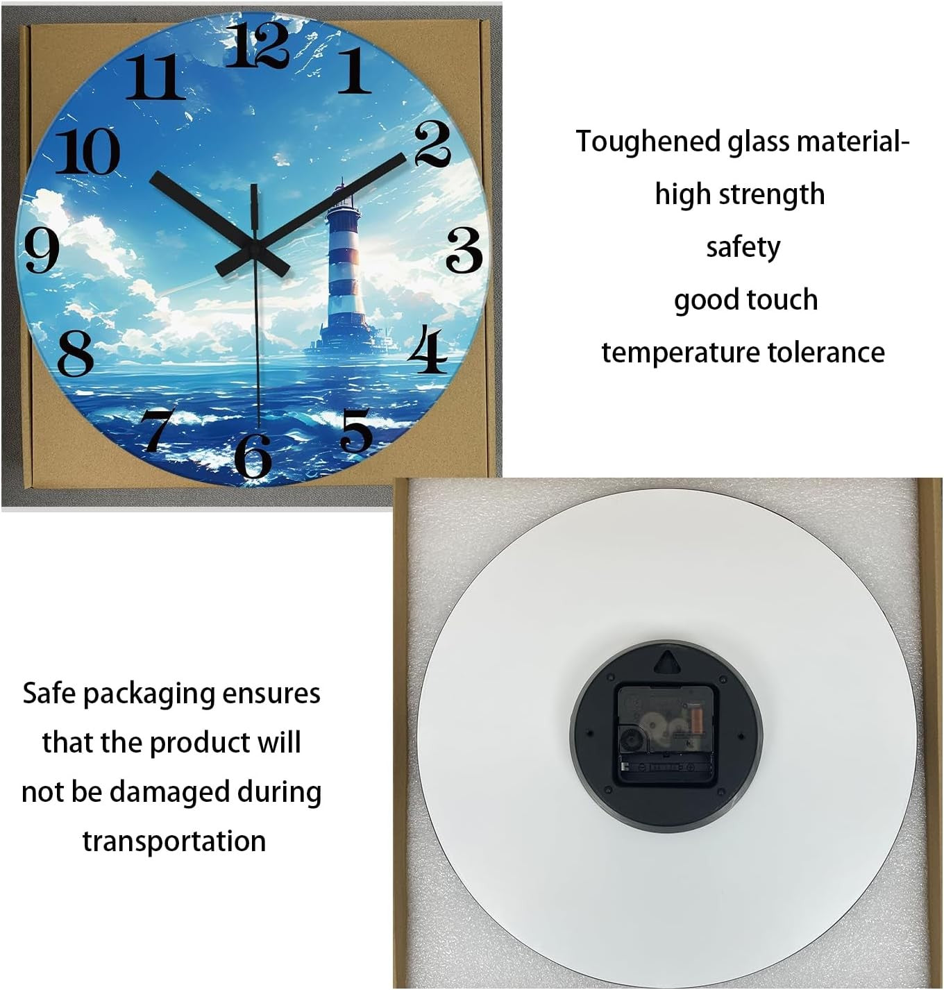 12" Blue Lighthouse Wall Clock Silent Non-Ticking Glass Coastal Kitchen Decor
