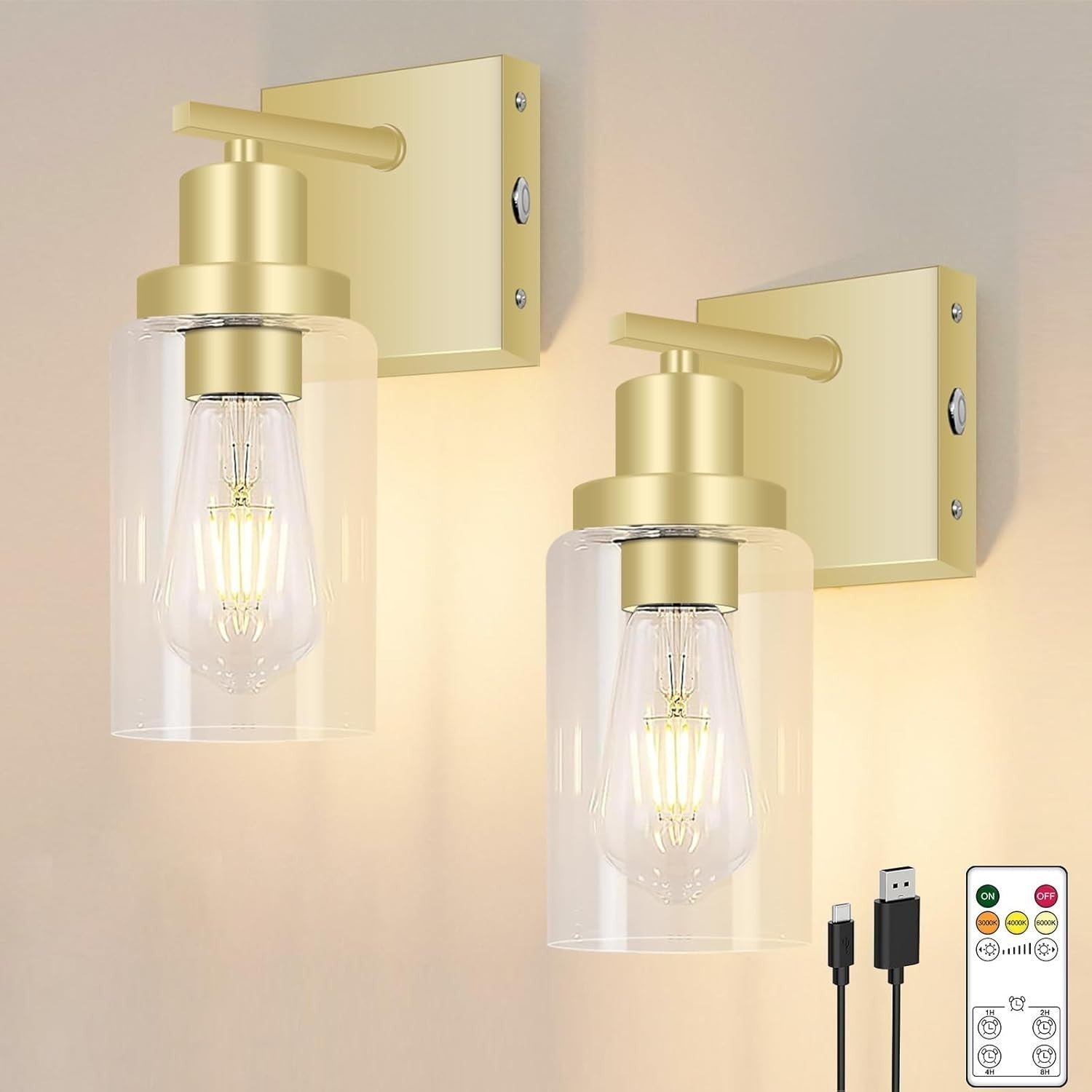 Gold Wall Sconce Lights 2-Pack, Rechargeable LED, Remote, Dimmable