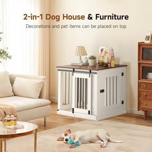Wooden Dog Crate Furniture White – Indoor Small/Medium Pet Kennel