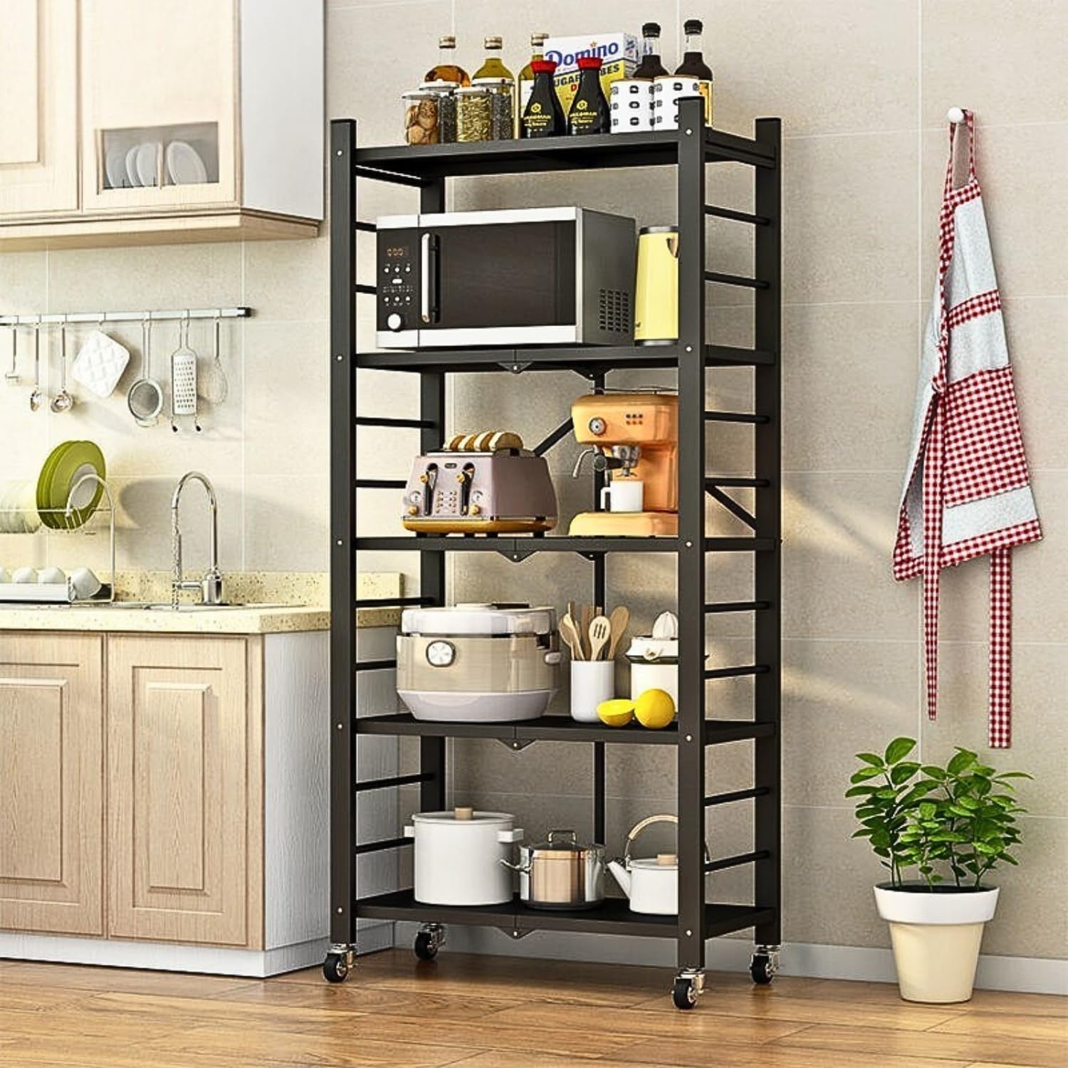 5 Tier Folding Kitchen Shelving Unit Metal Storage Rack on Wheels Heavy Duty