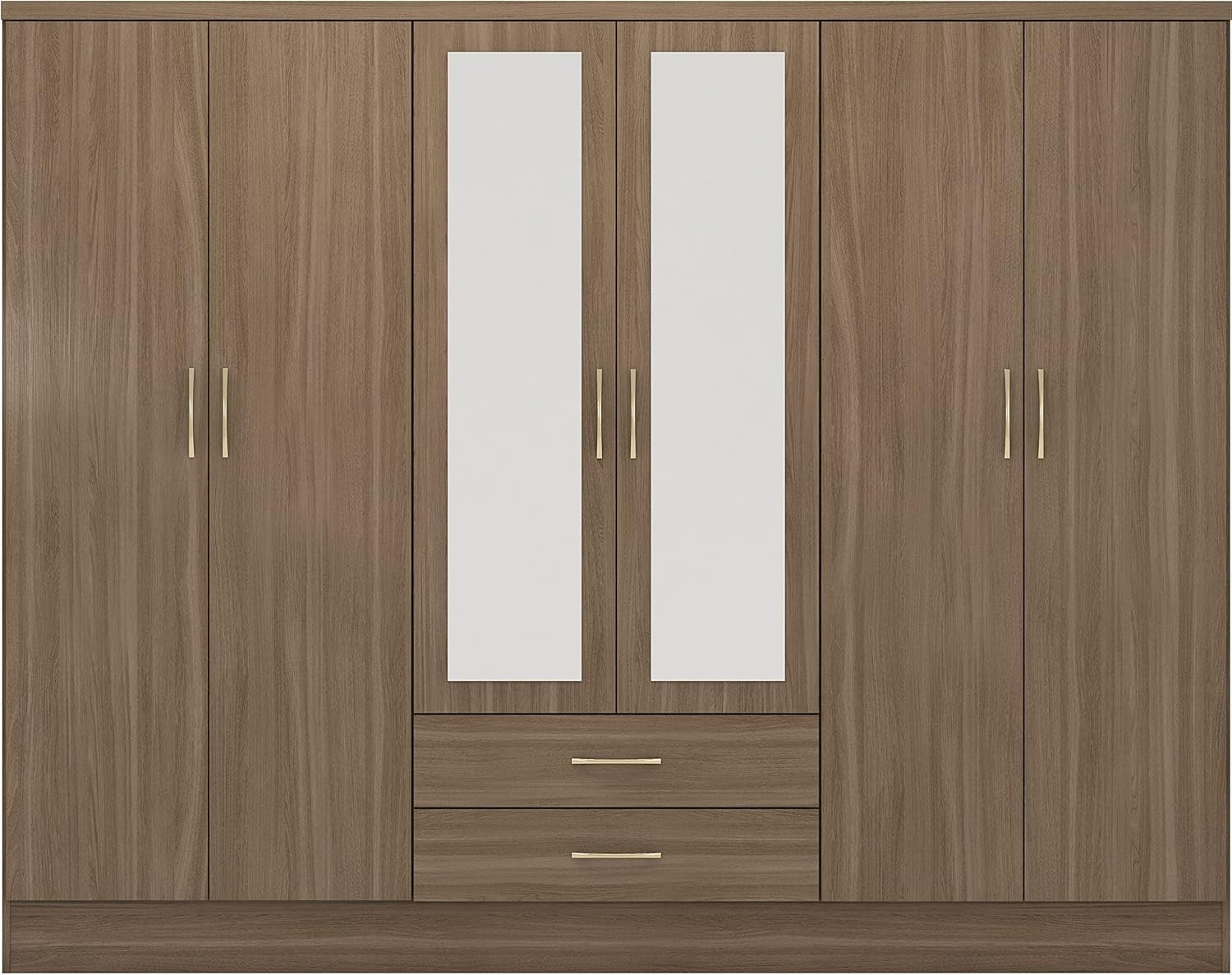 6 Door Rustic Oak Wardrobe with 2 Drawers & Mirrors – Spacious Storage Unit