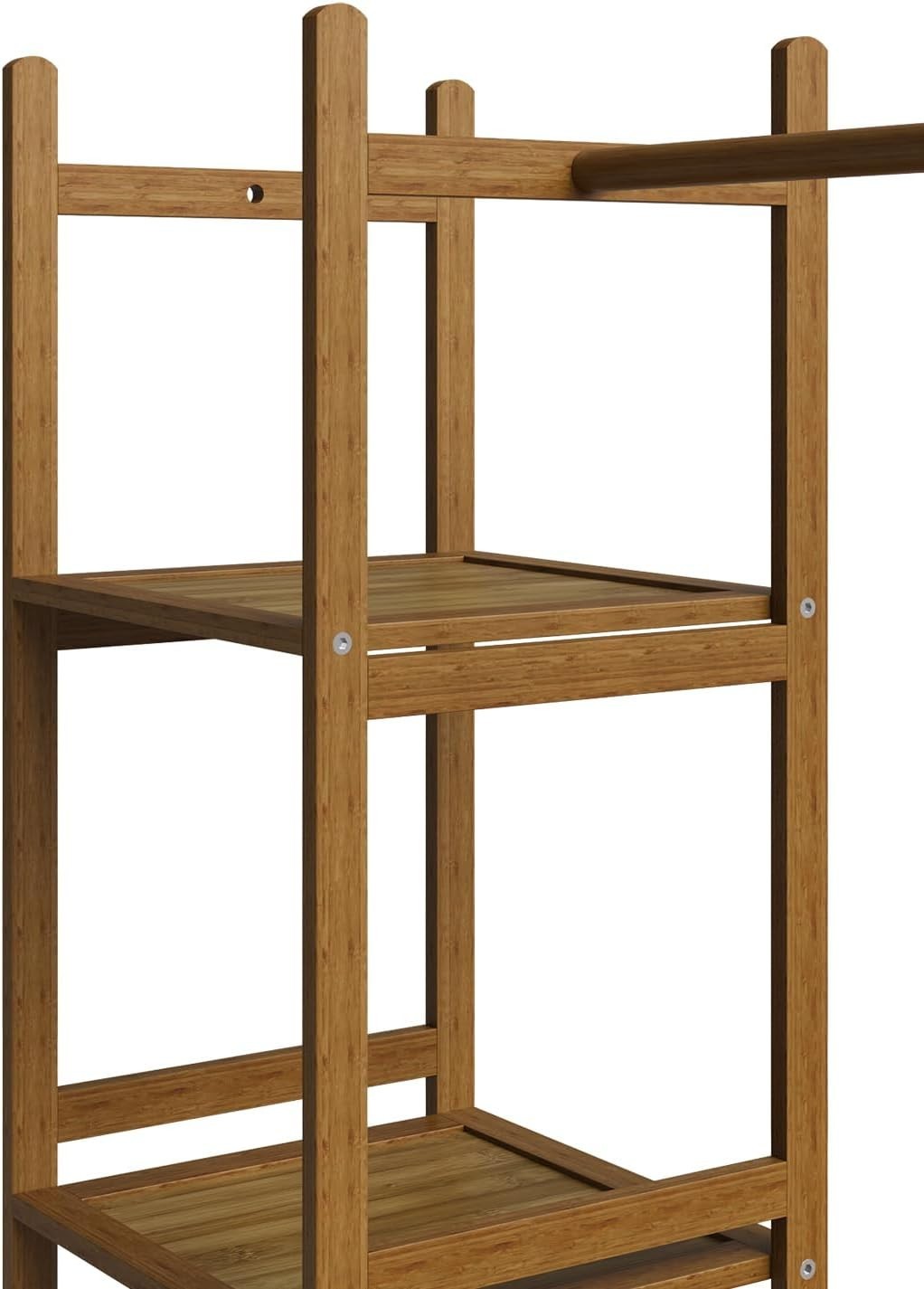 Bamboo Clothes Rail with 6 Shelves & Hooks, Tea Wardrobe