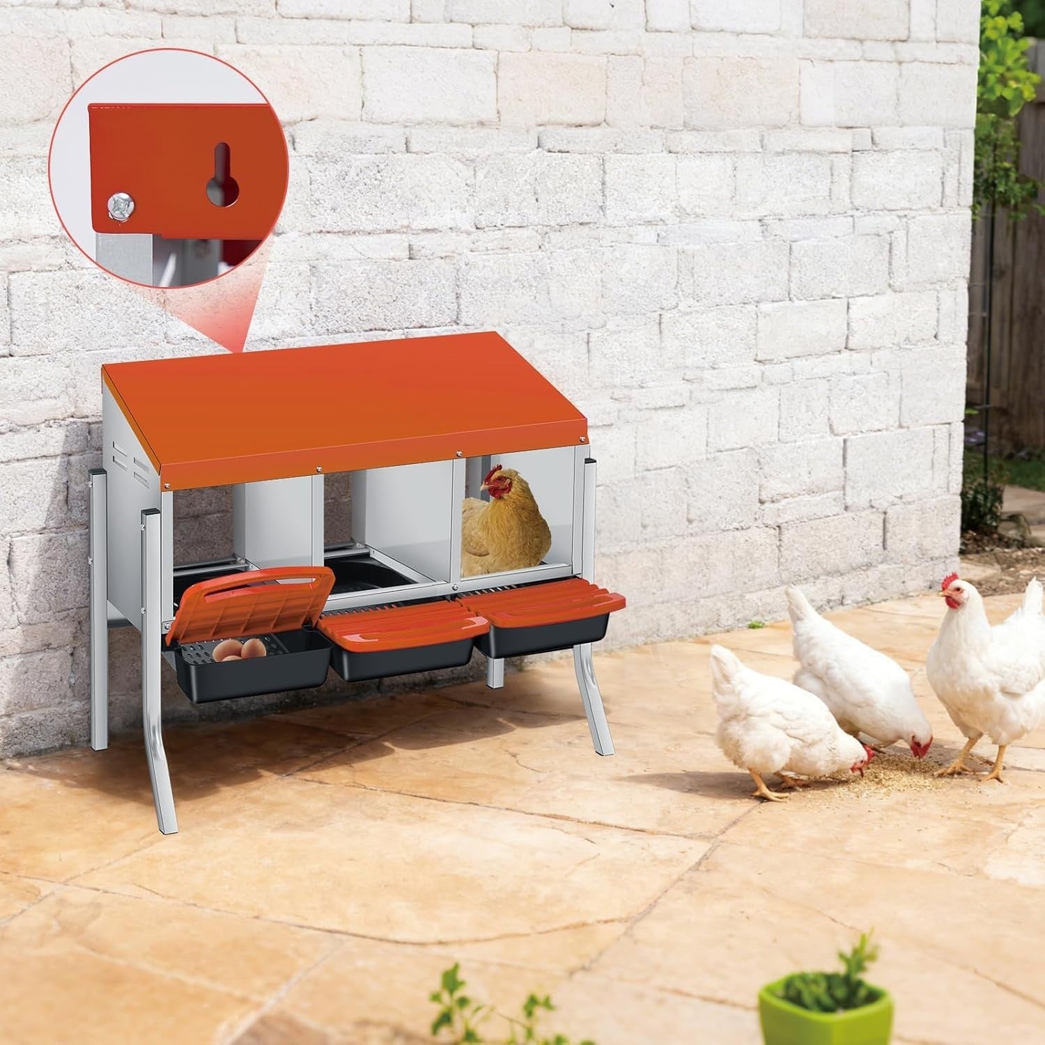 3 Chamber Galvanised Steel Chicken Nest Box Pull Out Tray Green