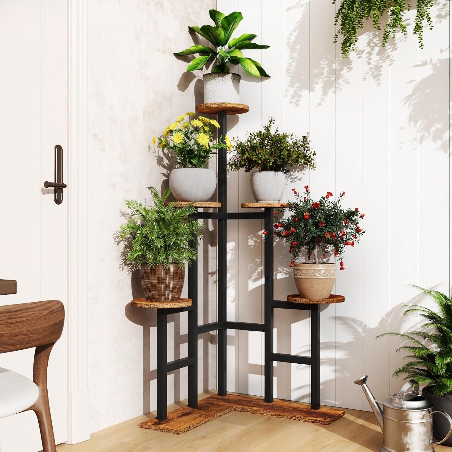 6 Tier Rustic Brown Metal Wood Plant Stand | Indoor Corner Shelf for Multiple