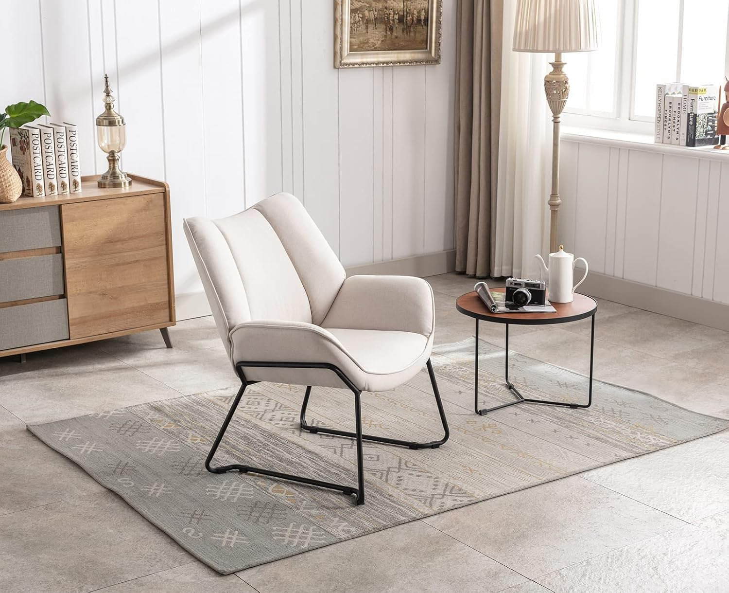 Modern Linen Tub Armchair Beige Upholstered Accent Chair with Metal Legs