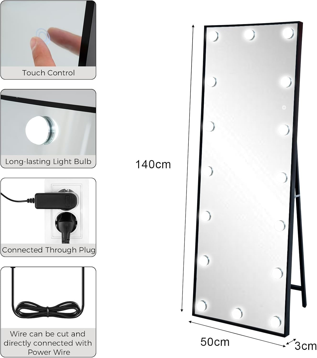 LED Hollywood Full-Length Mirror 140x50cm with Dimmable Lights & 3 Modes