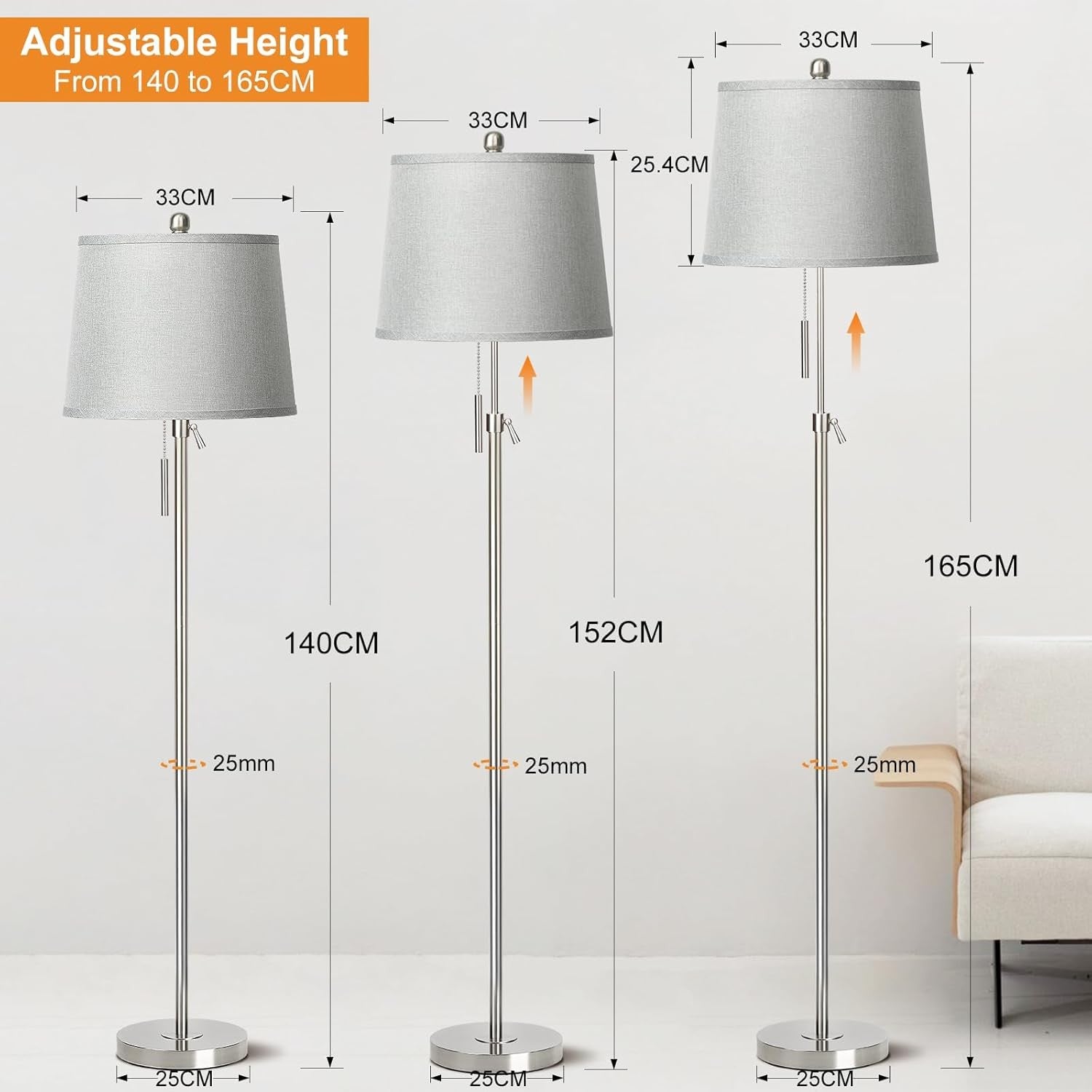 Adjustable Floor Lamp Silver Height Adjustable 3 Colour LED Standing Light