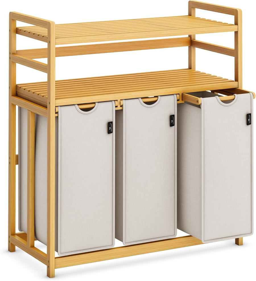 150L 3-Section Laundry Sorter Bamboo Frame Light Grey With Shelves & Bags