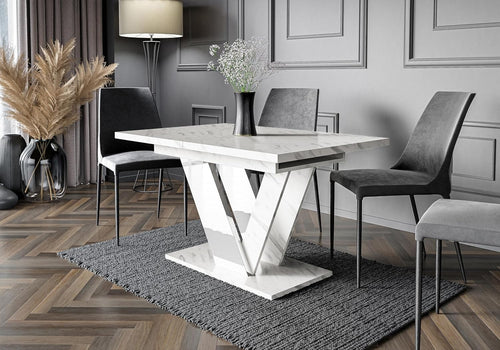 White Marble Dining Table Extendable 160cm Gloss 6 Seater Modern Kitchen