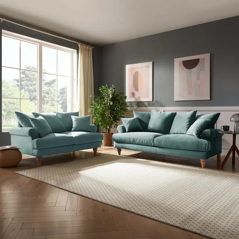 Teal Velvet 2 Seater Sofa Scatter Cushions Deep Seat Scroll Arms Wood Legs