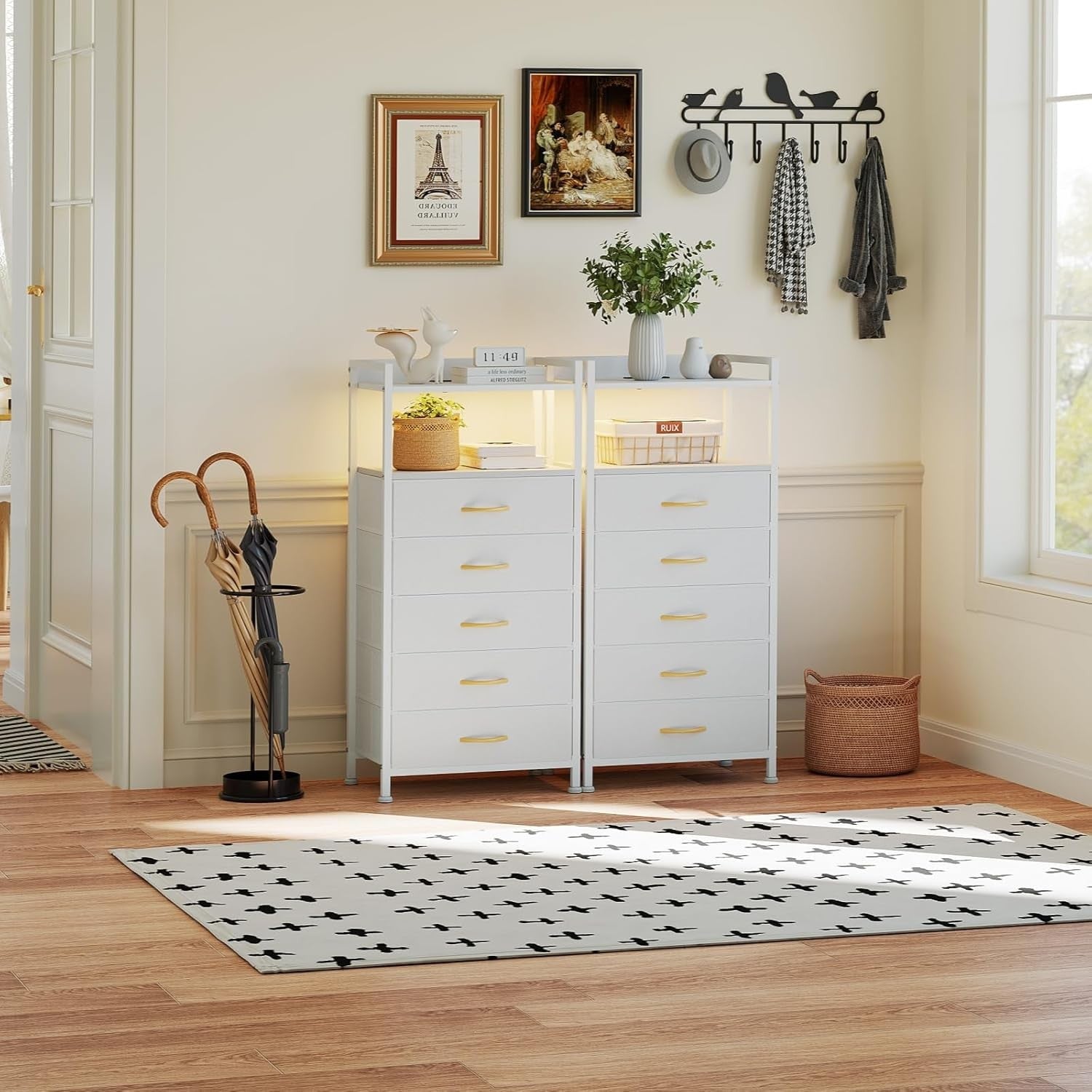 Tall White LED Bedside Table with Charging Ports 5-Drawer Modern Storage Unit