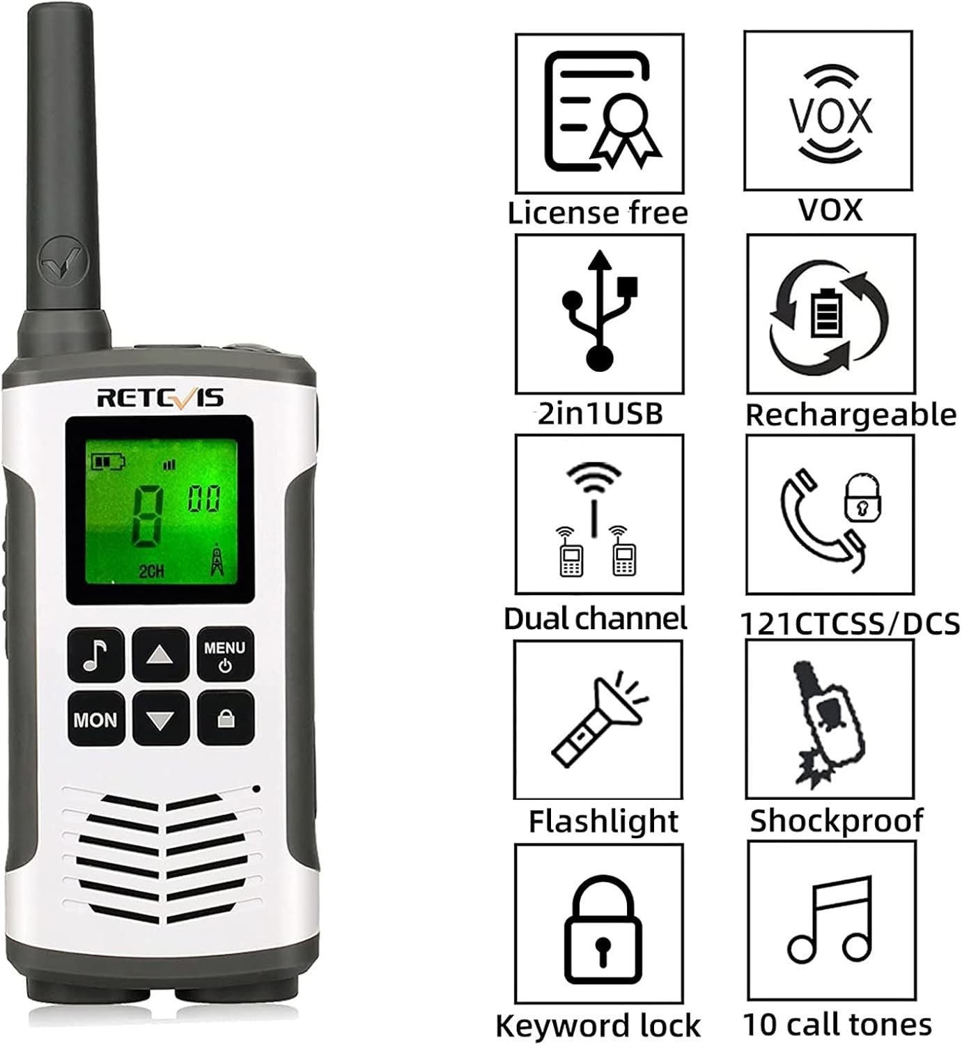 Rechargeable Walkie Talkies PMR446 VOX LED Flashlight 2 Pack Silver