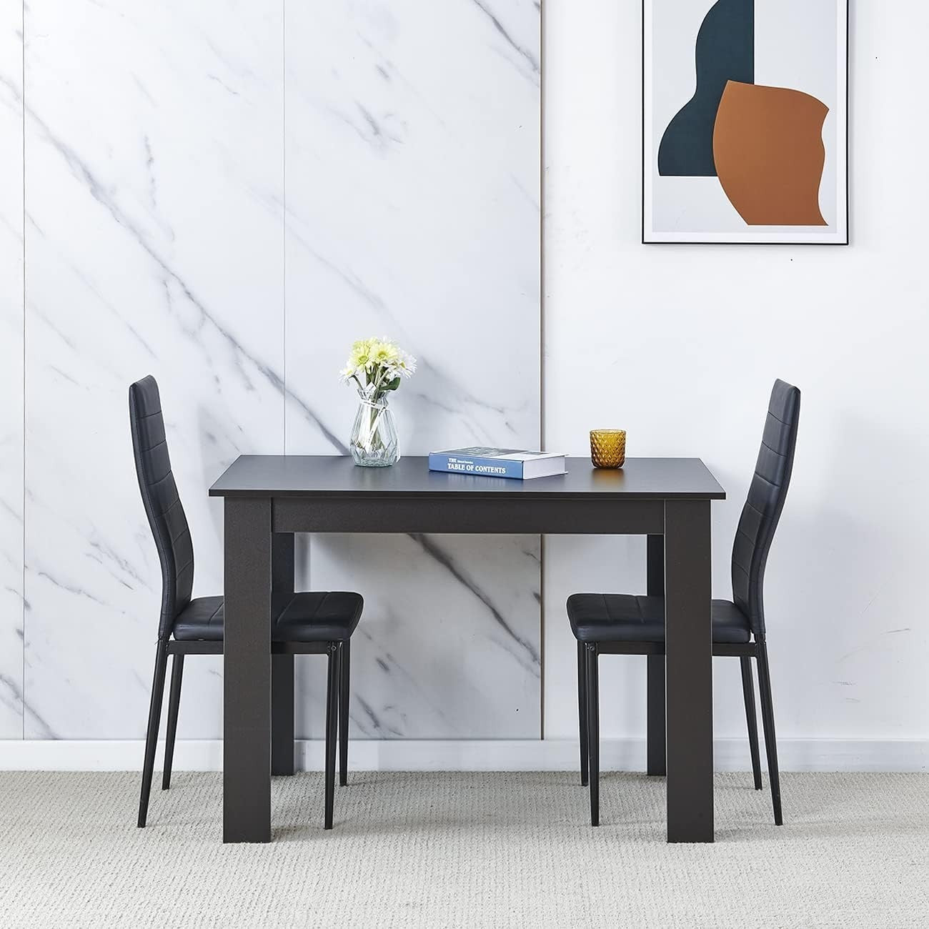 2 Seater Dining Table Set 110cm Black Modern Kitchen Room PU Chairs
