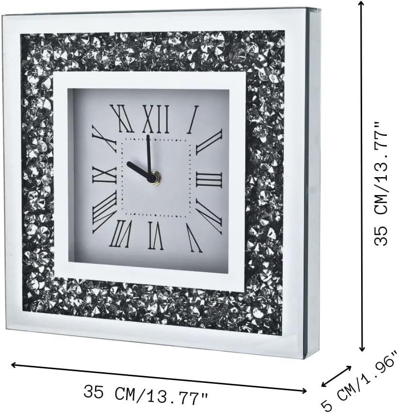 Luxury Diamante Mirror Wall Clock 35x35cm Silver Roman Numeral Silent Square